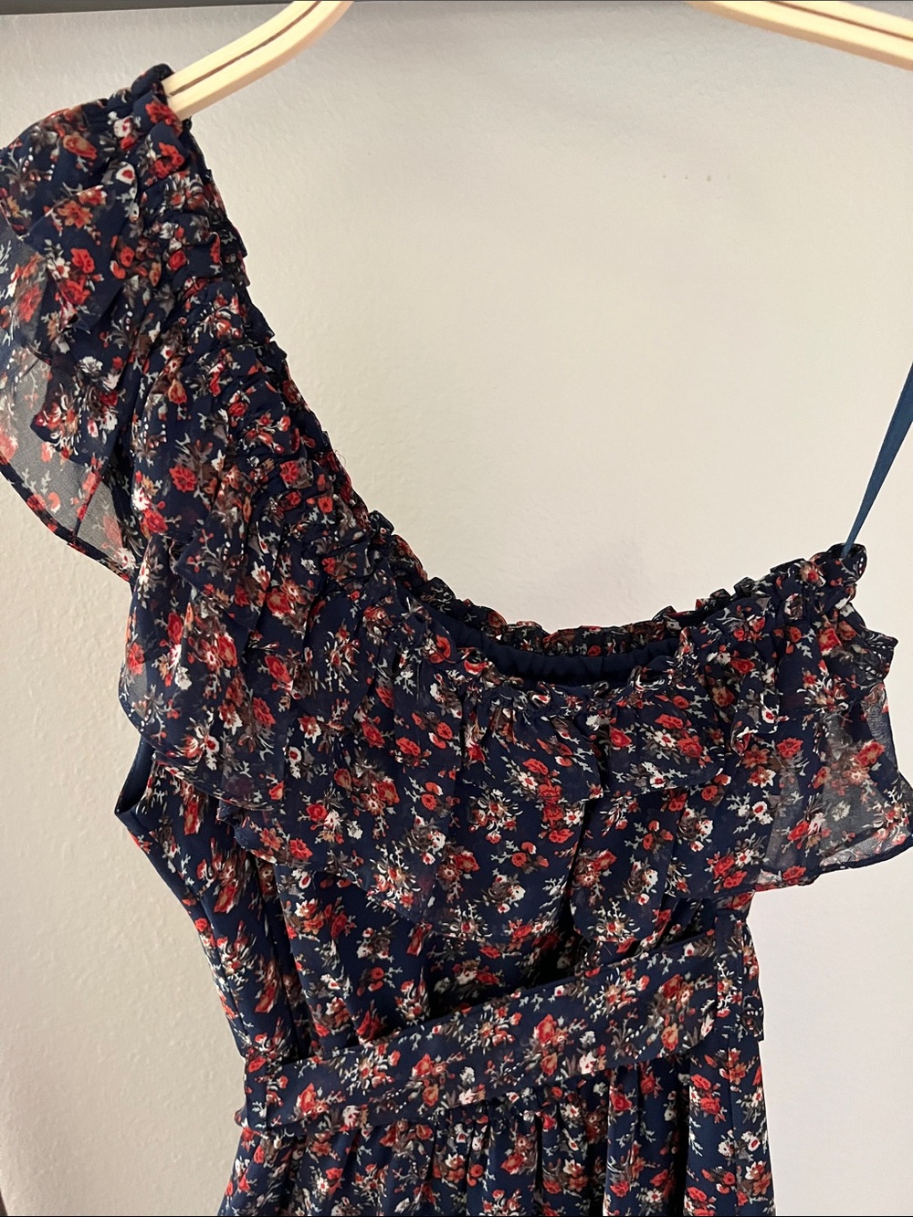 hazel Navy One-Shoulder Floral Ruffle Midi Dress